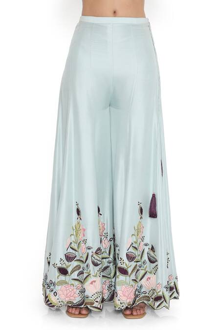 Payal Singhal_Blue Silk Tassels Halter Neck Padma Garden Embroidered Choli Sharara Set _at_Aza_Fashions