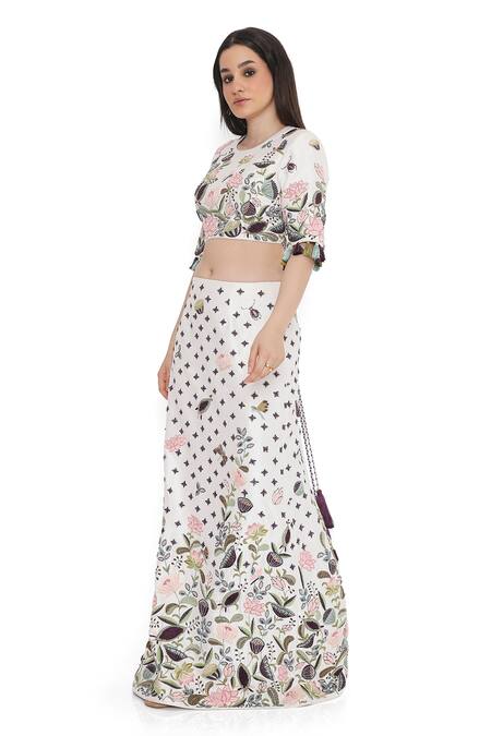 Shop Payal Singhal Off White Dupion Silk Embroidery Phool Bagh Round Neck Choli With Skirt Online at Aza Fashions Shop_Payal Singhal_Off White Dupion Silk Embroidery Phool Bagh Round Neck Choli With Skirt _Online_at_Aza_Fashions