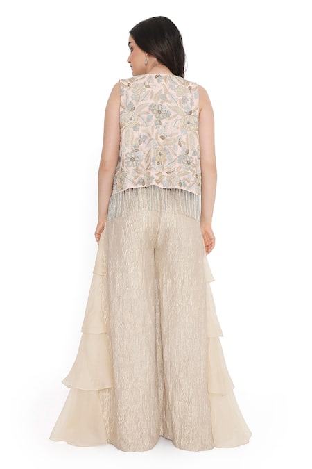 Payal Singhal Pink Tissue, Georgette Tassels, Embroidery, Fringe Floret Jacket Sharara Set Online at Aza Fashions Payal Singhal_Pink Tissue, Georgette Tassels, Embroidery, Fringe Floret Jacket Sharara Set _Online_at_Aza_Fashions