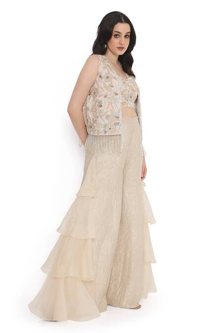 Buy Payal Singhal Pink Tissue, Georgette Tassels, Embroidery, Fringe Floret Jacket Sharara Set Online at Aza Fashions Buy_Payal Singhal_Pink Tissue, Georgette Tassels, Embroidery, Fringe Floret Jacket Sharara Set _Online_at_Aza_Fashions