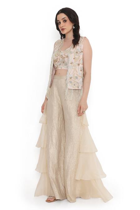 Shop Payal Singhal Pink Tissue, Georgette Tassels, Embroidery, Fringe Floret Jacket Sharara Set Online at Aza Fashions Shop_Payal Singhal_Pink Tissue, Georgette Tassels, Embroidery, Fringe Floret Jacket Sharara Set _Online_at_Aza_Fashions