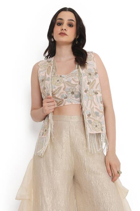 Payal Singhal Pink Tissue, Georgette Tassels, Embroidery, Fringe Floret Jacket Sharara Set at Aza Fashions Payal Singhal_Pink Tissue, Georgette Tassels, Embroidery, Fringe Floret Jacket Sharara Set _at_Aza_Fashions