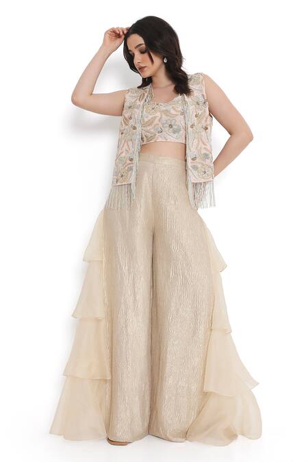 Shop Payal Singhal Pink Tissue, Georgette Tassels, Embroidery, Fringe Floret Jacket Sharara Set Shop_Payal Singhal_Pink Tissue, Georgette Tassels, Embroidery, Fringe Floret Jacket Sharara Set