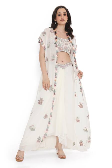 Buy Payal Singhal Off White Georgette Tassels, Embroidery Open Phool Jacket Draped Skirt Set Online at Aza Fashions Buy_Payal Singhal_Off White Georgette Tassels, Embroidery Open Phool Jacket Draped Skirt Set _Online_at_Aza_Fashions