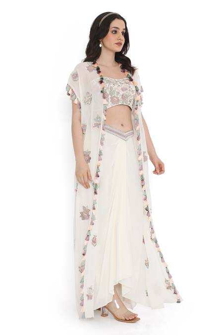 Buy Payal Singhal Off White Georgette Tassels, Embroidery Open Phool Jacket Draped Skirt Set Buy_Payal Singhal_Off White Georgette Tassels, Embroidery Open Phool Jacket Draped Skirt Set