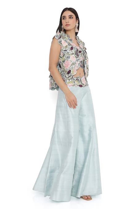 Buy Payal Singhal Blue Silk Embroidery Open Neck Iris Bloom Scallop Border Jacket Sharara Set Online at Aza Fashions Buy_Payal Singhal_Blue Silk Embroidery Open Neck Iris Bloom Scallop Border Jacket Sharara Set _Online_at_Aza_Fashions