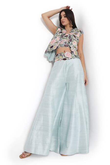 Buy Payal Singhal Blue Silk Embroidery Open Neck Iris Bloom Scallop Border Jacket Sharara Set Buy_Payal Singhal_Blue Silk Embroidery Open Neck Iris Bloom Scallop Border Jacket Sharara Set