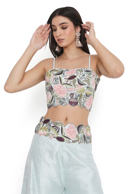 Shop Payal Singhal Blue Silk Embroidery Open Neck Iris Bloom Scallop Border Jacket Sharara Set Shop_Payal Singhal_Blue Silk Embroidery Open Neck Iris Bloom Scallop Border Jacket Sharara Set