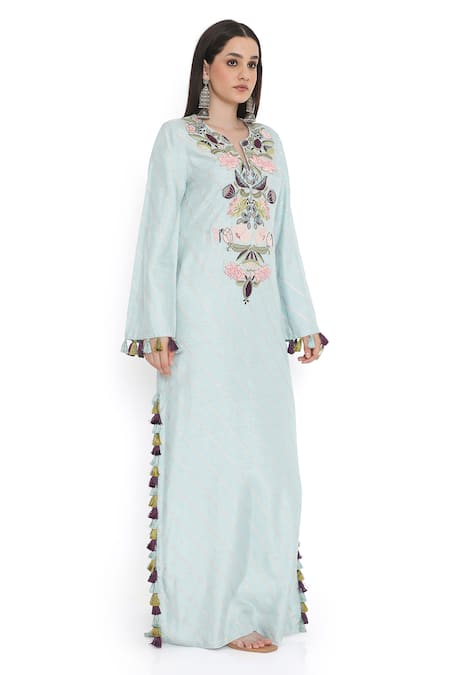 Buy_Payal Singhal_Blue Dola Silk Embroidered Floral Notched Kaftan _Online_at_Aza_Fashions