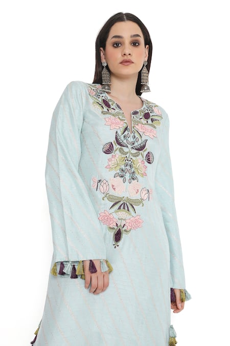 Shop_Payal Singhal_Blue Dola Silk Embroidered Floral Notched Kaftan _Online_at_Aza_Fashions
