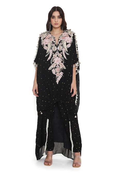 Buy_Payal Singhal_Black Mukaish Georgette Embroidered Floral Notched Kaftan With Jogger Pant _Online_at_Aza_Fashions