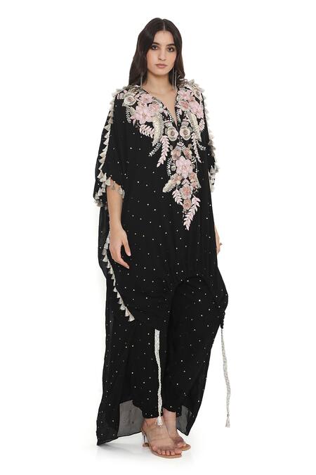 Shop_Payal Singhal_Black Mukaish Georgette Embroidered Floral Notched Kaftan With Jogger Pant _Online_at_Aza_Fashions
