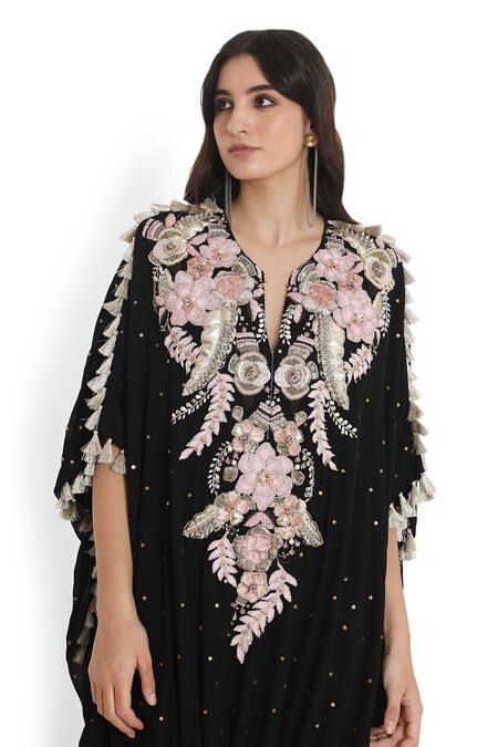 Payal Singhal_Black Mukaish Georgette Embroidered Floral Notched Kaftan With Jogger Pant _at_Aza_Fashions