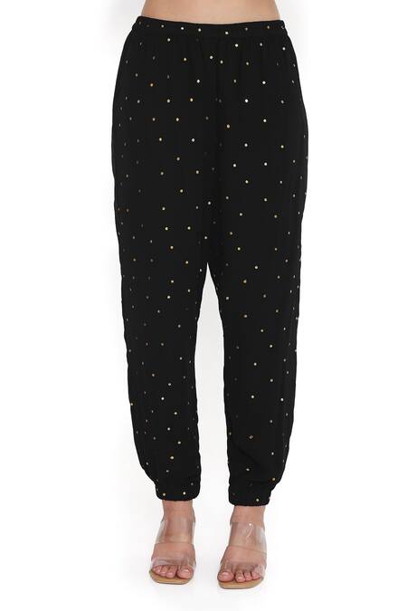 Buy_Payal Singhal_Black Mukaish Georgette Embroidered Floral Notched Kaftan With Jogger Pant 