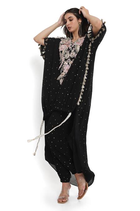 Shop_Payal Singhal_Black Mukaish Georgette Embroidered Floral Notched Kaftan With Jogger Pant 