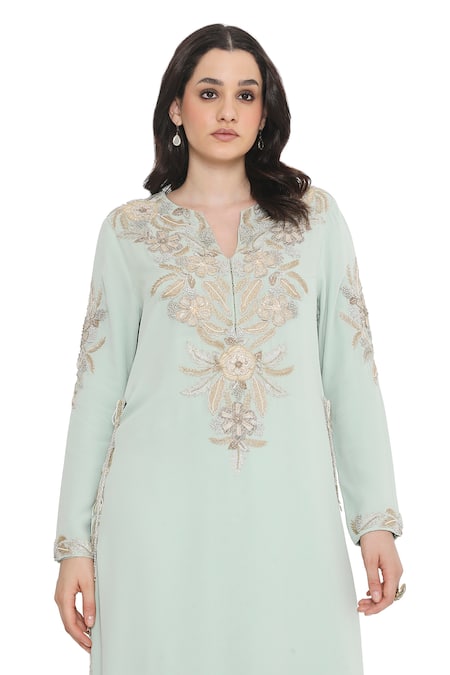 Shop Payal Singhal Blue Georgette, Organza Embroidery, Mirrors Split Floral Kurta Palazzo Set Online at Aza Fashions Shop_Payal Singhal_Blue Georgette, Organza Embroidery, Mirrors Split Floral Kurta Palazzo Set _Online_at_Aza_Fashions