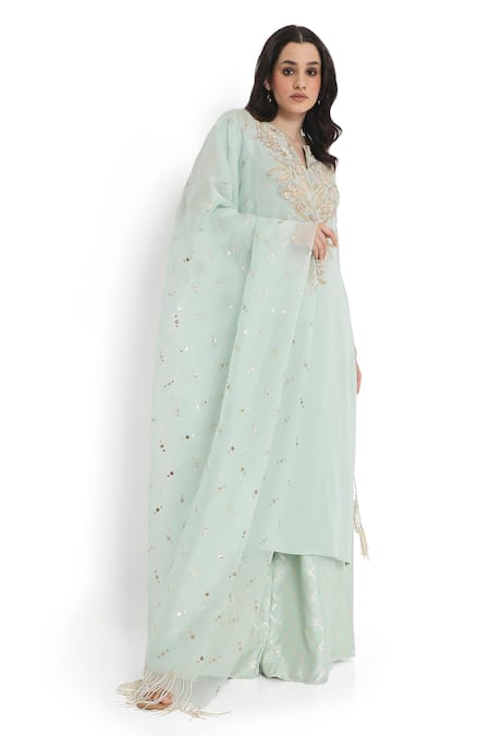 Buy Payal Singhal Blue Georgette, Organza Embroidery, Mirrors Split Floral Kurta Palazzo Set Buy_Payal Singhal_Blue Georgette, Organza Embroidery, Mirrors Split Floral Kurta Palazzo Set