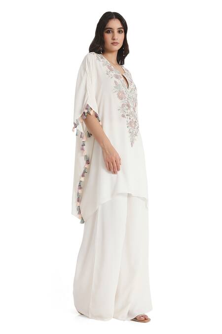 Buy Payal Singhal Ivory Crepe Embroidered Floral Notched Kaftan And Palazzo Set Online at Aza Fashions Buy_Payal Singhal_Ivory Crepe Embroidered Floral Notched Kaftan And Palazzo Set _Online_at_Aza_Fashions