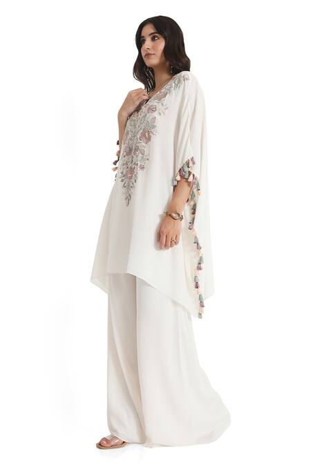 Shop Payal Singhal Ivory Crepe Embroidered Floral Notched Kaftan And Palazzo Set Online at Aza Fashions Shop_Payal Singhal_Ivory Crepe Embroidered Floral Notched Kaftan And Palazzo Set _Online_at_Aza_Fashions