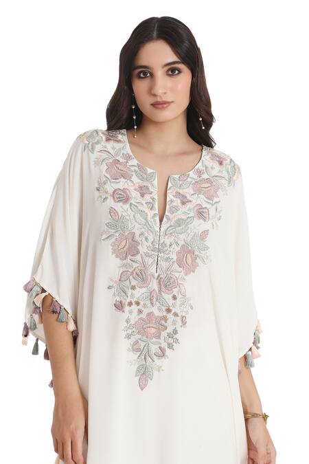 Payal Singhal Ivory Crepe Embroidered Floral Notched Kaftan And Palazzo Set at Aza Fashions Payal Singhal_Ivory Crepe Embroidered Floral Notched Kaftan And Palazzo Set _at_Aza_Fashions