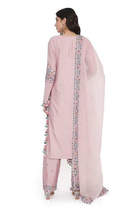Payal Singhal_Pink Organza, Cotton, Silk Embroidery, Tassels Split Floral Kurta Pant Set _Online_at_Aza_Fashions