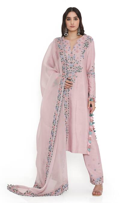 Buy_Payal Singhal_Pink Organza, Cotton, Silk Embroidery, Tassels Split Floral Kurta Pant Set _Online_at_Aza_Fashions