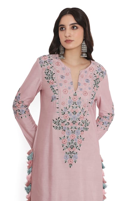Shop_Payal Singhal_Pink Organza, Cotton, Silk Embroidery, Tassels Split Floral Kurta Pant Set _Online_at_Aza_Fashions