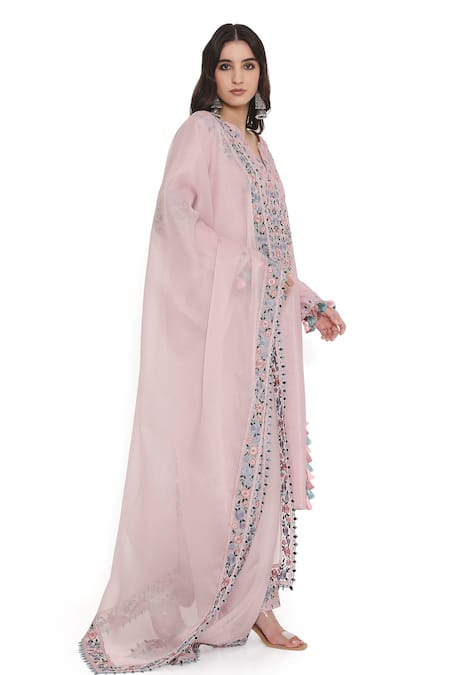 Buy_Payal Singhal_Pink Organza, Cotton, Silk Embroidery, Tassels Split Floral Kurta Pant Set 