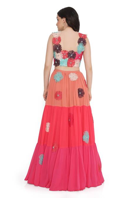Shop Payal Singhal Pink Georgette Fabric Flowers, Embroidery Round Floral Applique Work Lehenga Set at Aza Fashions Shop_Payal Singhal_Pink Georgette Fabric Flowers, Embroidery Round Floral Applique Work Lehenga Set_at_Aza_Fashions