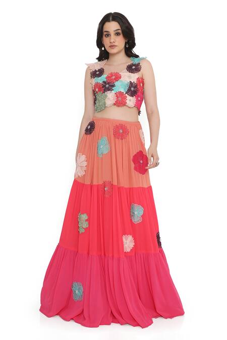 Payal Singhal Pink Georgette Fabric Flowers, Embroidery Round Floral Applique Work Lehenga Set Online at Aza Fashions Payal Singhal_Pink Georgette Fabric Flowers, Embroidery Round Floral Applique Work Lehenga Set_Online_at_Aza_Fashions