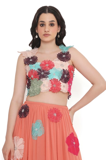 Shop Payal Singhal Pink Georgette Fabric Flowers, Embroidery Round Floral Applique Work Lehenga Set Online at Aza Fashions Shop_Payal Singhal_Pink Georgette Fabric Flowers, Embroidery Round Floral Applique Work Lehenga Set_Online_at_Aza_Fashions