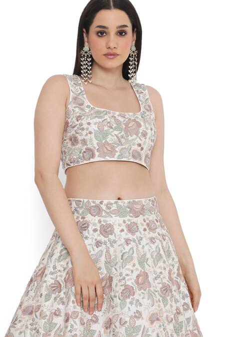 Payal Singhal Ivory Dupion Silk Embroidered Floral Square Thread Lehenga Set at Aza Fashions Payal Singhal_Ivory Dupion Silk Embroidered Floral Square Thread Lehenga Set _at_Aza_Fashions