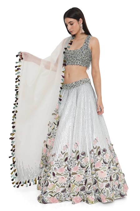 Buy Payal Singhal Ivory Organza, Silk, Denim Beads, Embroidery Scoop Floral Thread And Lehenga Set Online at Aza Fashions Buy_Payal Singhal_Ivory Organza, Silk, Denim Beads, Embroidery Scoop Floral Thread And Lehenga Set _Online_at_Aza_Fashions