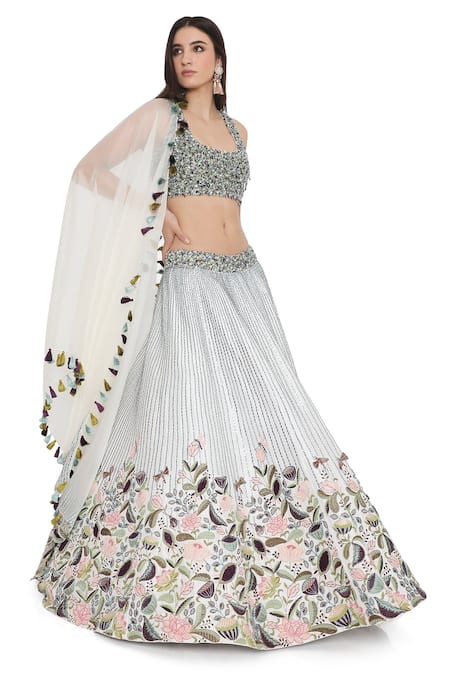 Shop Payal Singhal Ivory Organza, Silk, Denim Beads, Embroidery Scoop Floral Thread And Lehenga Set Online at Aza Fashions Shop_Payal Singhal_Ivory Organza, Silk, Denim Beads, Embroidery Scoop Floral Thread And Lehenga Set _Online_at_Aza_Fashions
