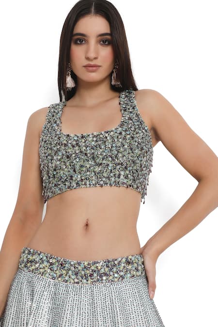 Payal Singhal Ivory Organza, Silk, Denim Beads, Embroidery Scoop Floral Thread And Lehenga Set at Aza Fashions Payal Singhal_Ivory Organza, Silk, Denim Beads, Embroidery Scoop Floral Thread And Lehenga Set _at_Aza_Fashions