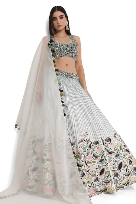 Shop Payal Singhal Ivory Organza, Silk, Denim Beads, Embroidery Scoop Floral Thread And Lehenga Set Shop_Payal Singhal_Ivory Organza, Silk, Denim Beads, Embroidery Scoop Floral Thread And Lehenga Set