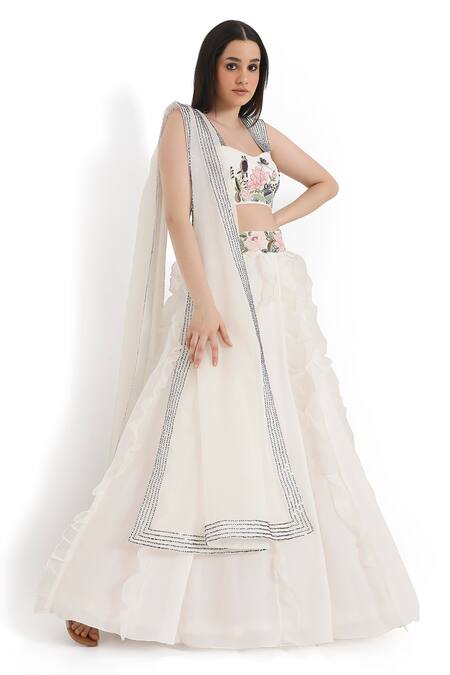 Buy Payal Singhal Ivory Organza, Georgette Embroidery Sweetheart Neck Floral Ruffled Lehenga Set Online at Aza Fashions Buy_Payal Singhal_Ivory Organza, Georgette Embroidery Sweetheart Neck Floral Ruffled Lehenga Set _Online_at_Aza_Fashions