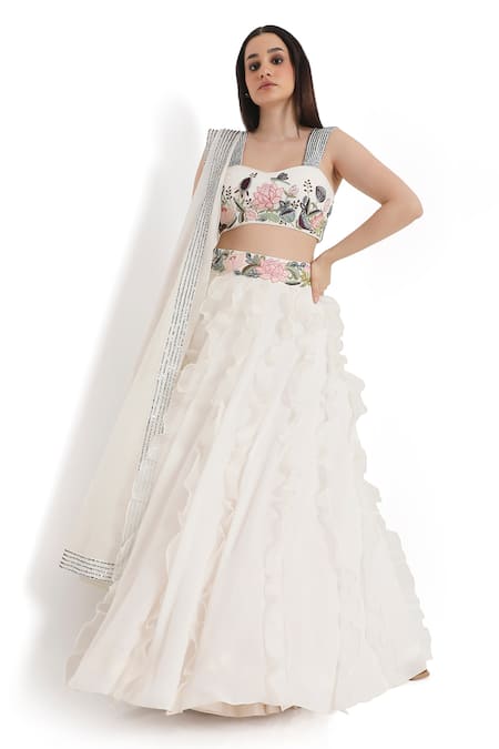 Shop Payal Singhal Ivory Organza, Georgette Embroidery Sweetheart Neck Floral Ruffled Lehenga Set Online at Aza Fashions Shop_Payal Singhal_Ivory Organza, Georgette Embroidery Sweetheart Neck Floral Ruffled Lehenga Set _Online_at_Aza_Fashions