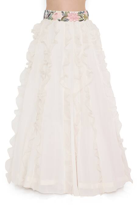 Payal Singhal Ivory Organza, Georgette Embroidery Sweetheart Neck Floral Ruffled Lehenga Set at Aza Fashions Payal Singhal_Ivory Organza, Georgette Embroidery Sweetheart Neck Floral Ruffled Lehenga Set _at_Aza_Fashions