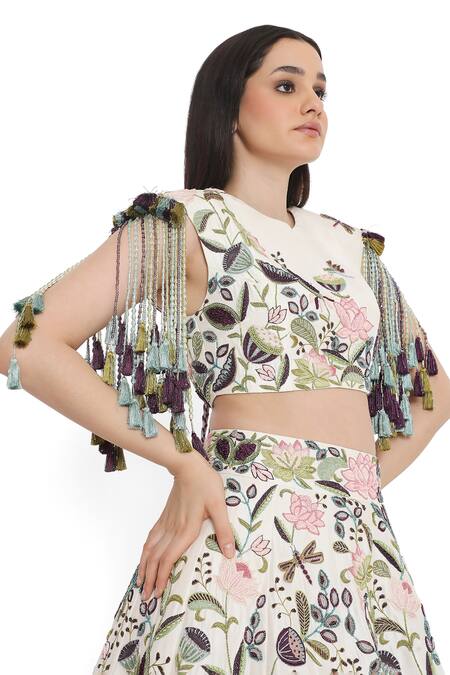 Buy Payal Singhal Ivory Dupion Silk Embroidered Floral Round Thread Work Lehenga Set Buy_Payal Singhal_Ivory Dupion Silk Embroidered Floral Round Thread Work Lehenga Set