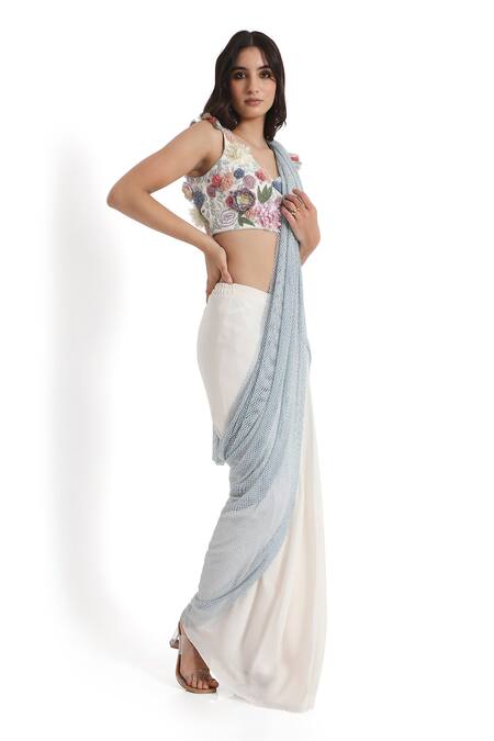 Buy_Payal Singhal_Ivory Georgette, Net Embroidery Round Neck And Mesh Pre-draped Saree With Blouse _Online_at_Aza_Fashions