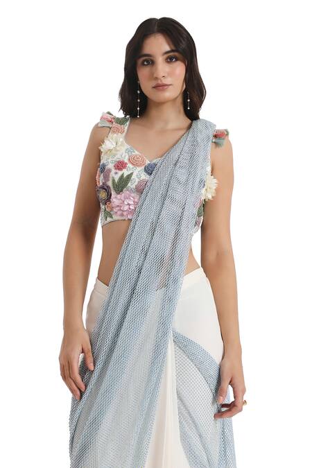 Payal Singhal_Ivory Georgette, Net Embroidery Round Neck And Mesh Pre-draped Saree With Blouse _at_Aza_Fashions