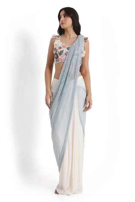Buy_Payal Singhal_Ivory Georgette, Net Embroidery Round Neck And Mesh Pre-draped Saree With Blouse 