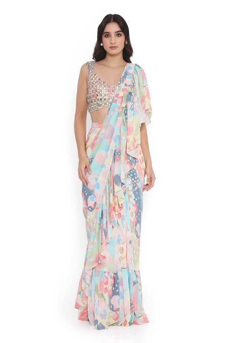 Buy Payal Singhal Multi Color Crepe Mirrors Euphoria Ruffled Pre-draped Saree With Blouse Online at Aza Fashions Buy_Payal Singhal_Multi Color Crepe Mirrors Euphoria Ruffled Pre-draped Saree With Blouse _Online_at_Aza_Fashions