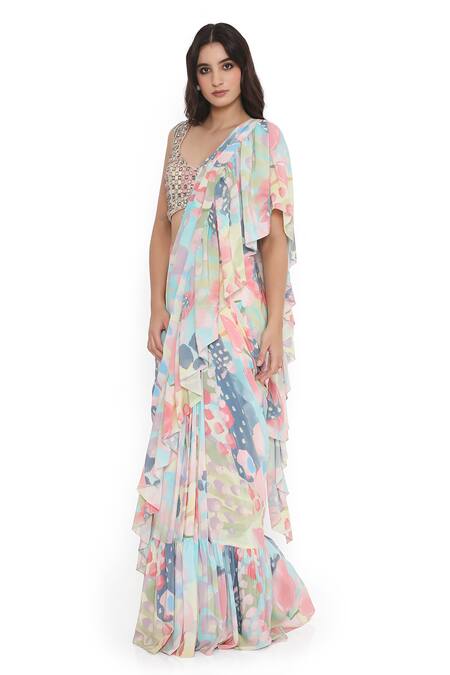Shop Payal Singhal Multi Color Crepe Mirrors Euphoria Ruffled Pre-draped Saree With Blouse Online at Aza Fashions Shop_Payal Singhal_Multi Color Crepe Mirrors Euphoria Ruffled Pre-draped Saree With Blouse _Online_at_Aza_Fashions