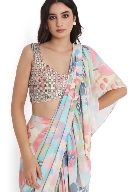 Payal Singhal Multi Color Crepe Mirrors Euphoria Ruffled Pre-draped Saree With Blouse at Aza Fashions Payal Singhal_Multi Color Crepe Mirrors Euphoria Ruffled Pre-draped Saree With Blouse _at_Aza_Fashions