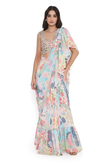 Buy Payal Singhal Multi Color Crepe Mirrors Euphoria Ruffled Pre-draped Saree With Blouse Buy_Payal Singhal_Multi Color Crepe Mirrors Euphoria Ruffled Pre-draped Saree With Blouse