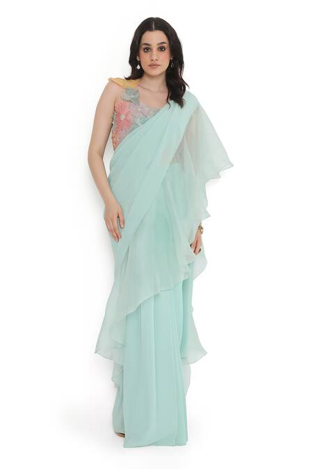 Buy Payal Singhal Blue Organza, Georgette Embroidery Pre-draped Saree With Applique Work Blouse Online at Aza Fashions Buy_Payal Singhal_Blue Organza, Georgette Embroidery Pre-draped Saree With Applique Work Blouse _Online_at_Aza_Fashions