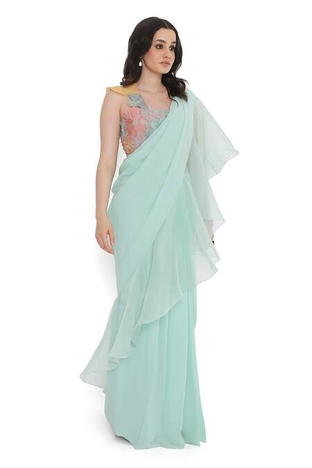 Shop Payal Singhal Blue Organza, Georgette Embroidery Pre-draped Saree With Applique Work Blouse Online at Aza Fashions Shop_Payal Singhal_Blue Organza, Georgette Embroidery Pre-draped Saree With Applique Work Blouse _Online_at_Aza_Fashions