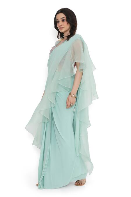 Payal Singhal Blue Organza, Georgette Embroidery Pre-draped Saree With Applique Work Blouse at Aza Fashions Payal Singhal_Blue Organza, Georgette Embroidery Pre-draped Saree With Applique Work Blouse _at_Aza_Fashions